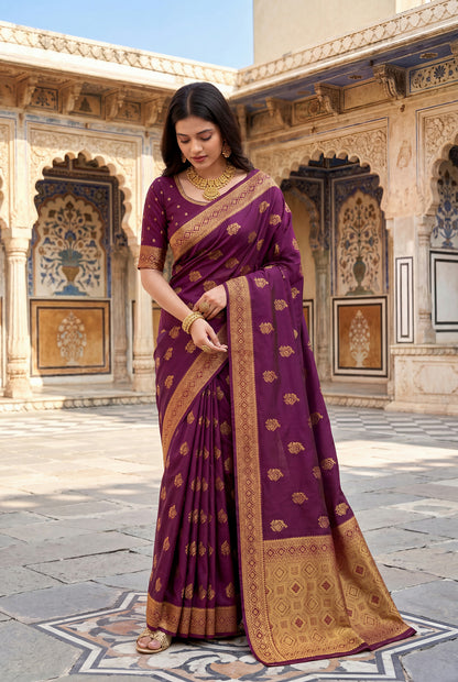 Elora Wine Soft Banarasi Silk Woven Designer Saree - Dista