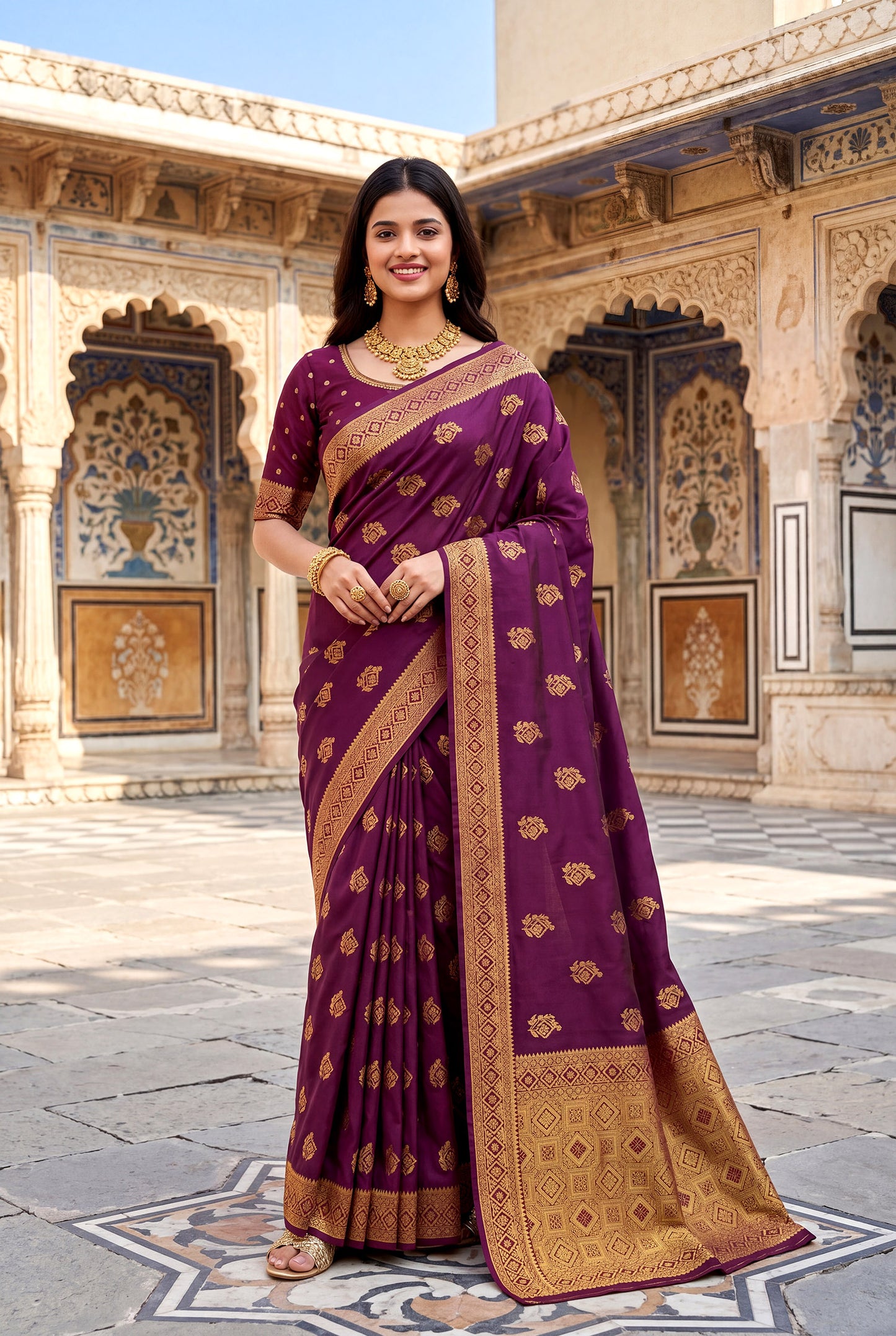 Elora Wine Soft Banarasi Silk Woven Designer Saree - Dista