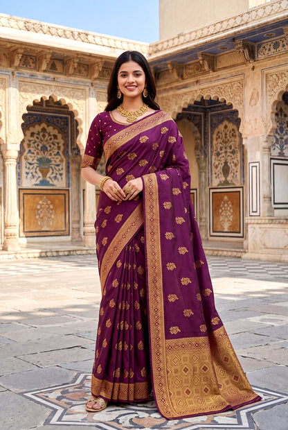 Elora Wine Soft Banarasi Silk Woven Designer Saree - Dista