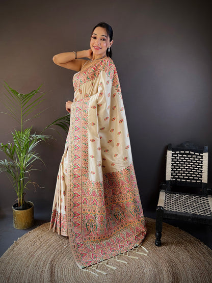 Elora White Silk Meena Weaving Pashmina Work Kashmiri Saree - Dista