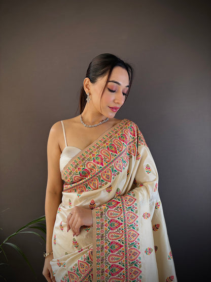 Elora White Silk Meena Weaving Pashmina Work Kashmiri Saree - Dista