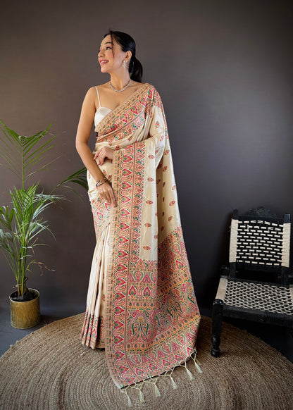 Elora White Silk Meena Weaving Pashmina Work Kashmiri Saree - Dista
