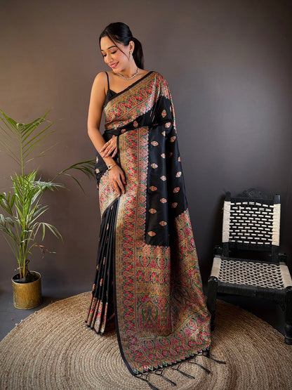 Elora Black Silk Meena Weaving Pashmina Work Kashmiri Saree - Dista