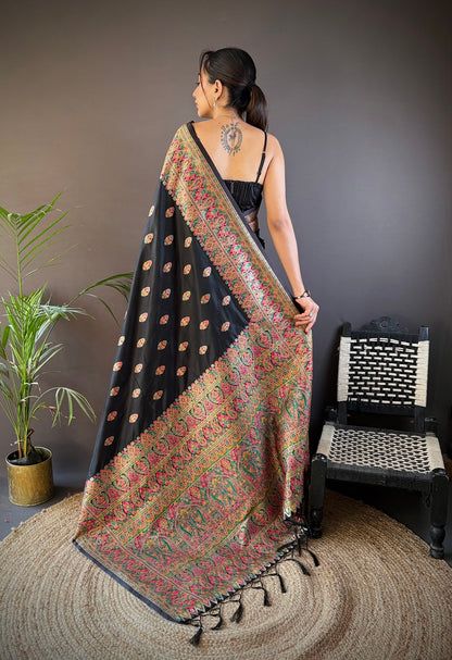 Elora Black Silk Meena Weaving Pashmina Work Kashmiri Saree - Dista