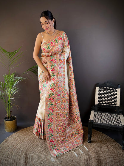 Elora White Silk Meena Weaving Pashmina Work Kashmiri Saree - Dista
