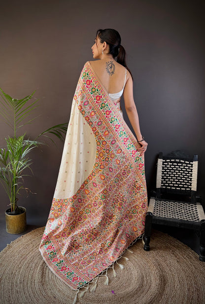 Elora White Silk Meena Weaving Pashmina Work Kashmiri Saree - Dista