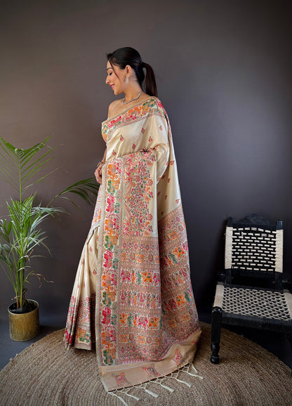 Elora White Silk Meena Weaving Pashmina Work Kashmiri Saree - Dista