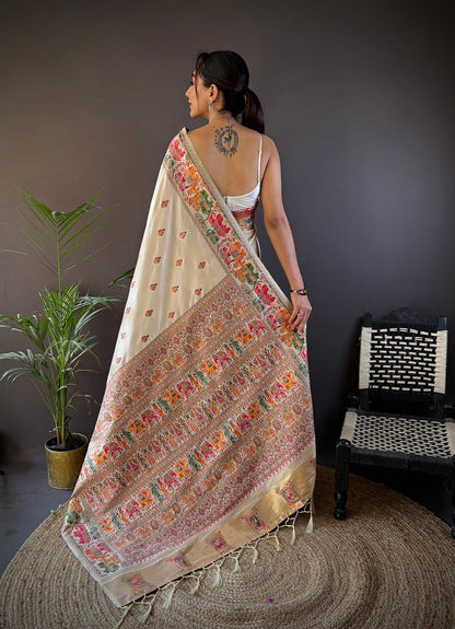 Elora White Silk Meena Weaving Pashmina Work Kashmiri Saree - Dista
