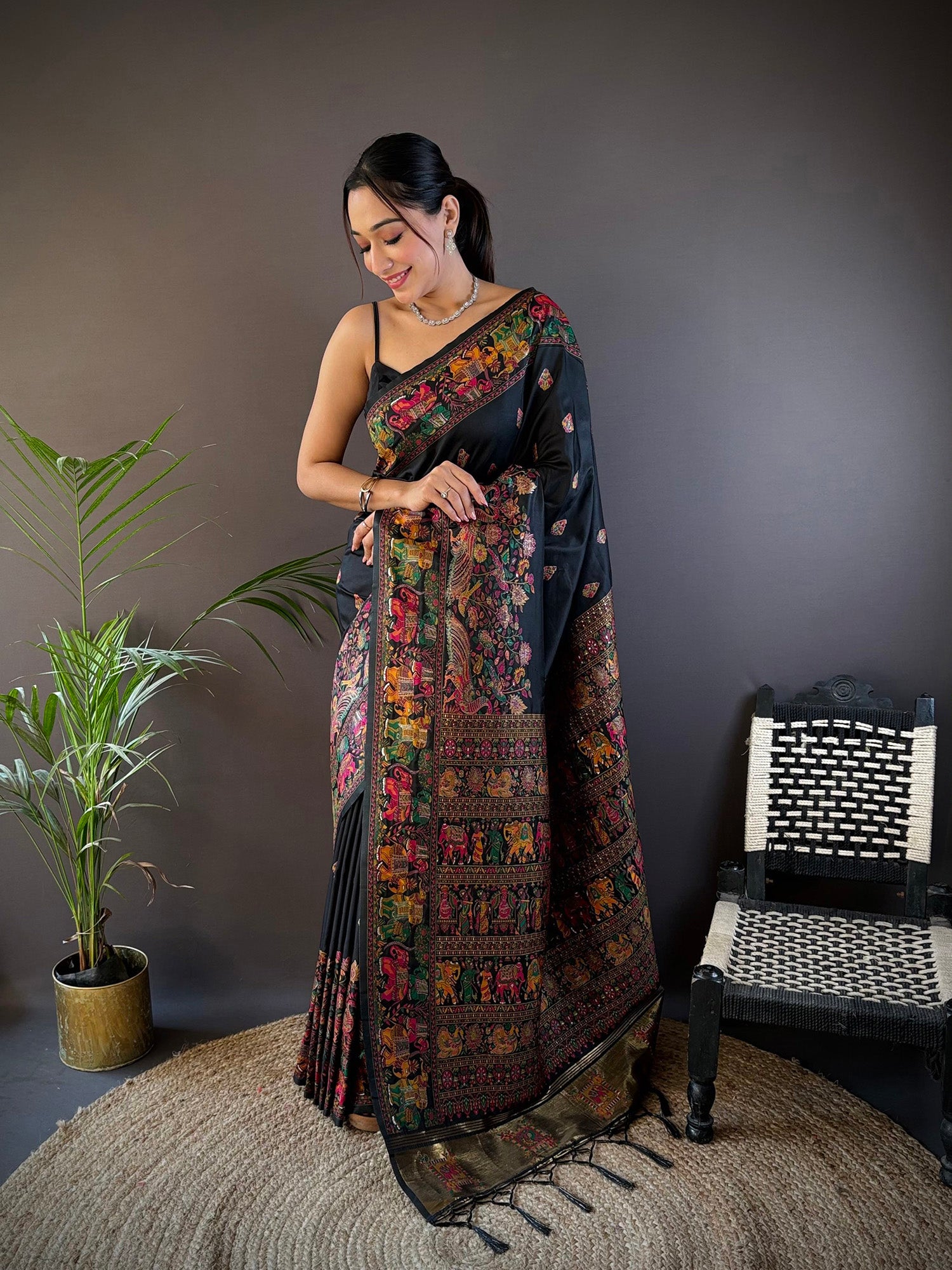 Elora Black Silk Meena Weaving Pashmina Work Kashmiri Saree - Dista
