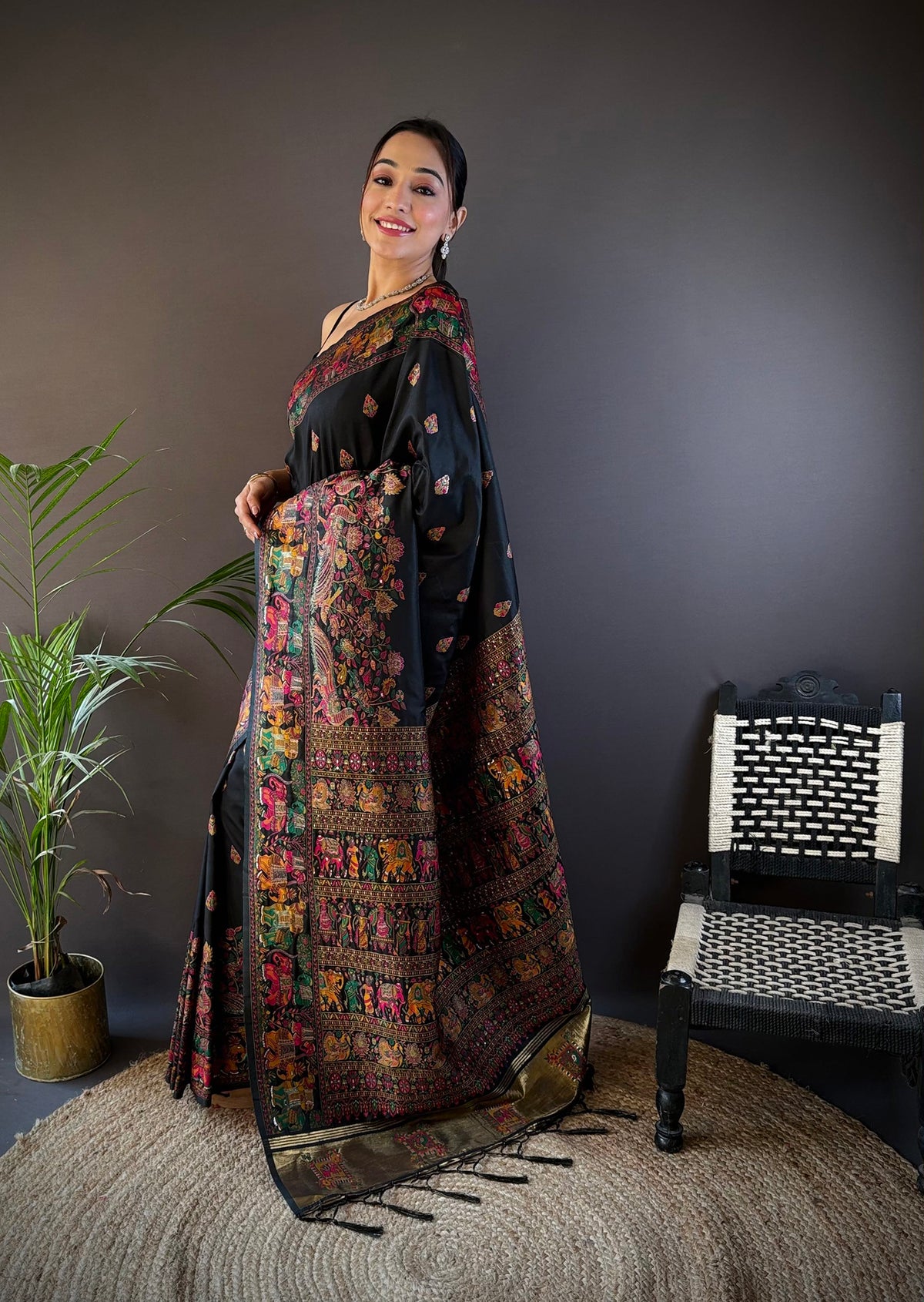 Elora Black Silk Meena Weaving Pashmina Work Kashmiri Saree - Dista