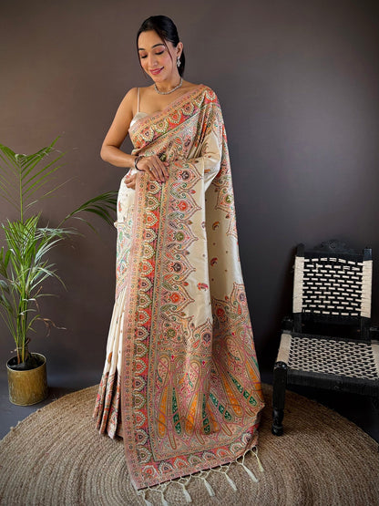 Elora White Silk Meena Weaving Pashmina Work Kashmiri Saree - Dista