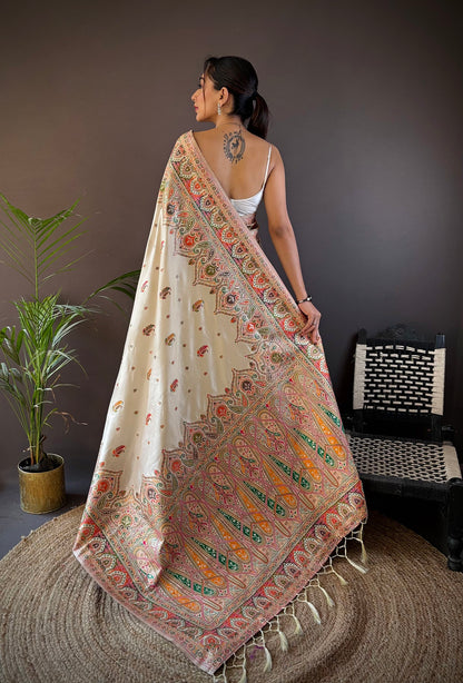 Elora White Silk Meena Weaving Pashmina Work Kashmiri Saree - Dista
