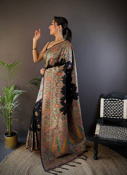 Elora Black Silk Meena Weaving Pashmina Work Kashmiri Saree - Dista