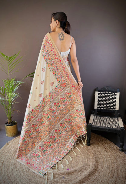 Elora White Silk Meena Weaving Pashmina Work Kashmiri Saree - Dista