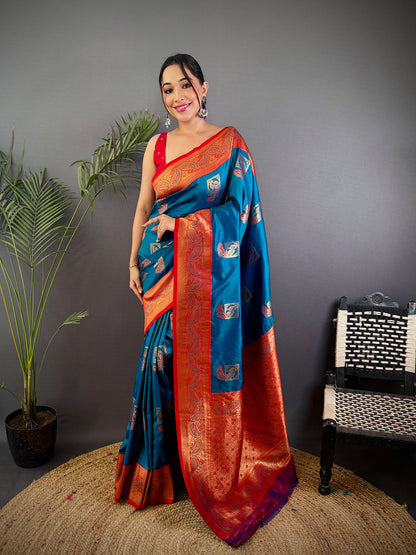 Elora Blue Soft Silk Peacock Pattern Zari Weaving Contrast Border Banarasi Saree - Dista