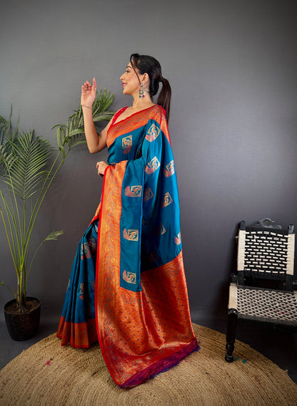 Elora Blue Soft Silk Peacock Pattern Zari Weaving Contrast Border Banarasi Saree - Dista
