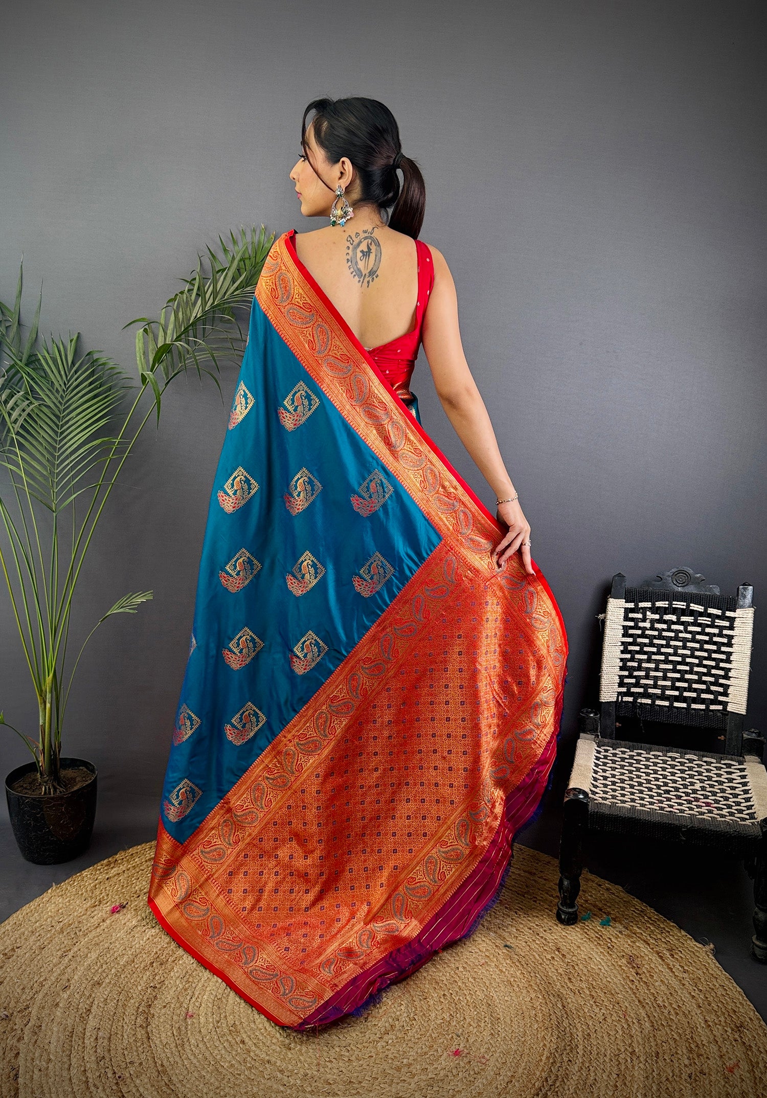 Elora Blue Soft Silk Peacock Pattern Zari Weaving Contrast Border Banarasi Saree - Dista
