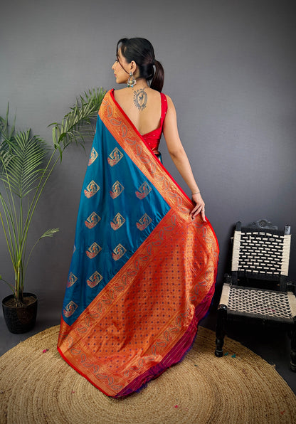 Elora Blue Soft Silk Peacock Pattern Zari Weaving Contrast Border Banarasi Saree - Dista