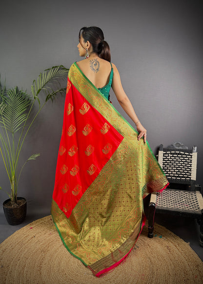 Elora Red Soft Silk Peacock Pattern Zari Weaving Contrast Border Banarasi Saree - Dista