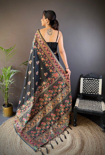 Elora Black Silk Meena Weaving Pashmina Work Kashmiri Saree - Dista