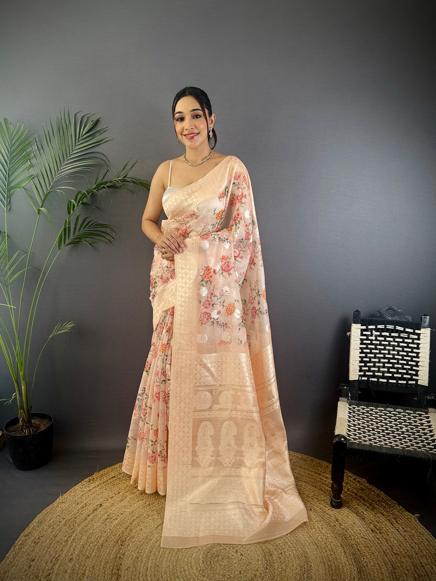 Elora Beige Silk Floral Motifs Coppery Tone Contrast Floral Border Banarasi Saree - Dista