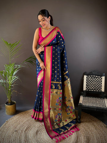 Elora Navy Blue Soft Silk Butti Zari Weaving Kanchipuram Saree - Dista