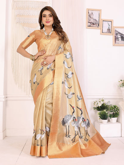 Elora Golden Soft Tissue Silk Cranes Floral Digital Printed Saree - Dista