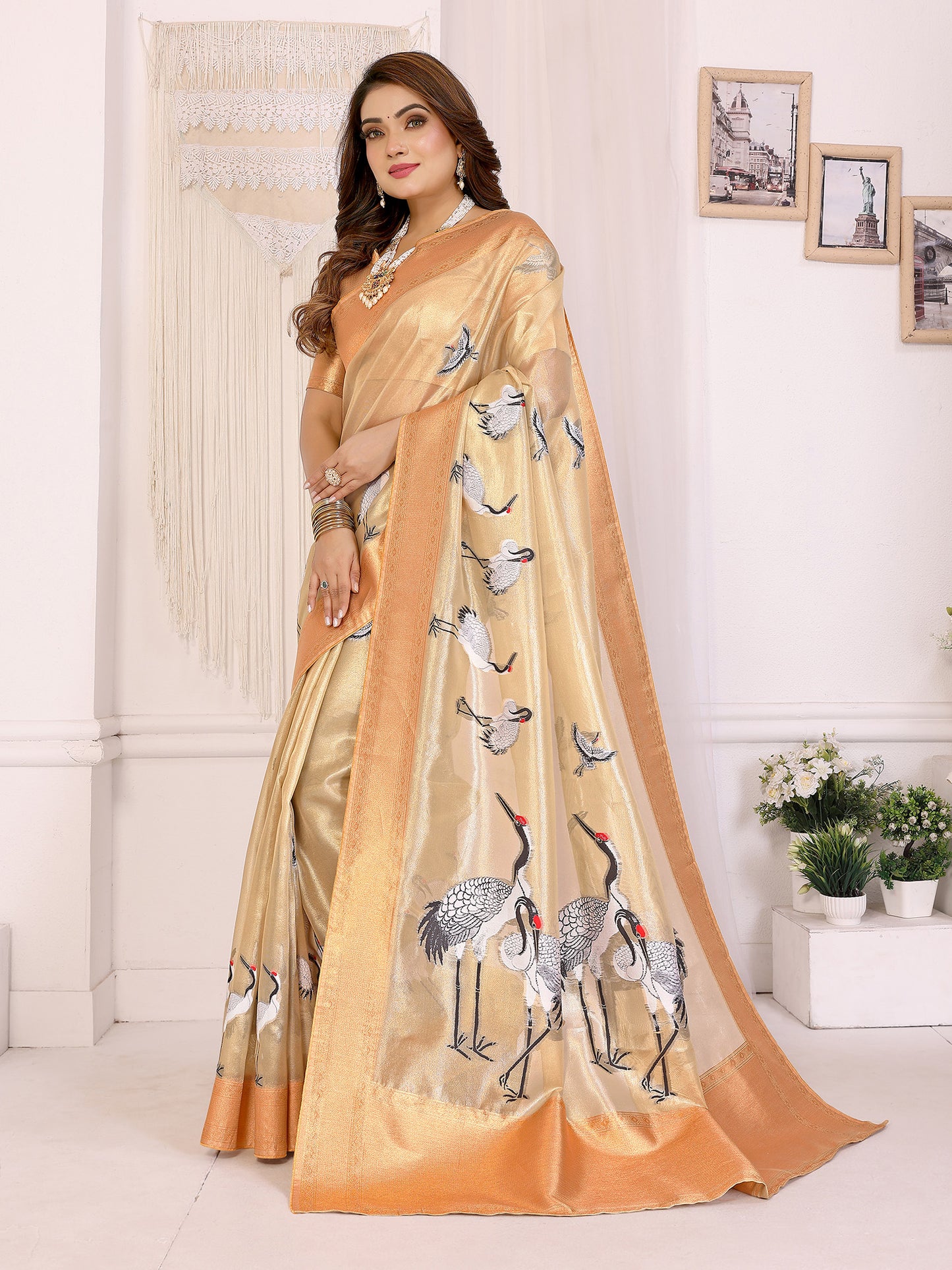 Elora Golden Soft Tissue Silk Cranes Floral Digital Printed Saree - Dista