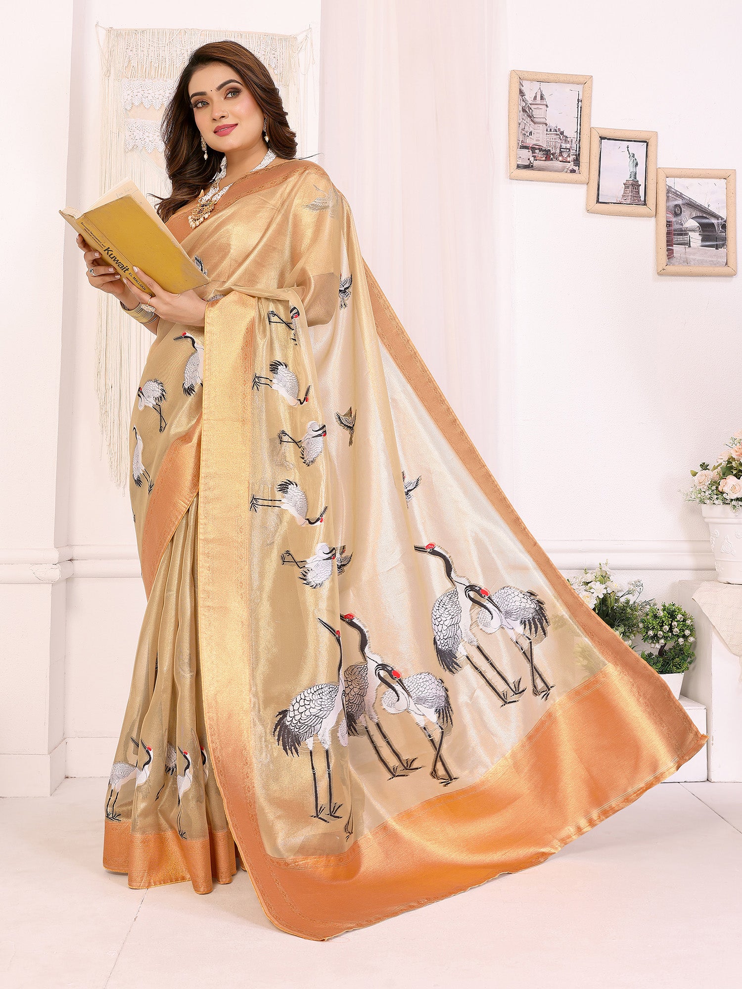 Elora Golden Soft Tissue Silk Cranes Floral Digital Printed Saree - Dista
