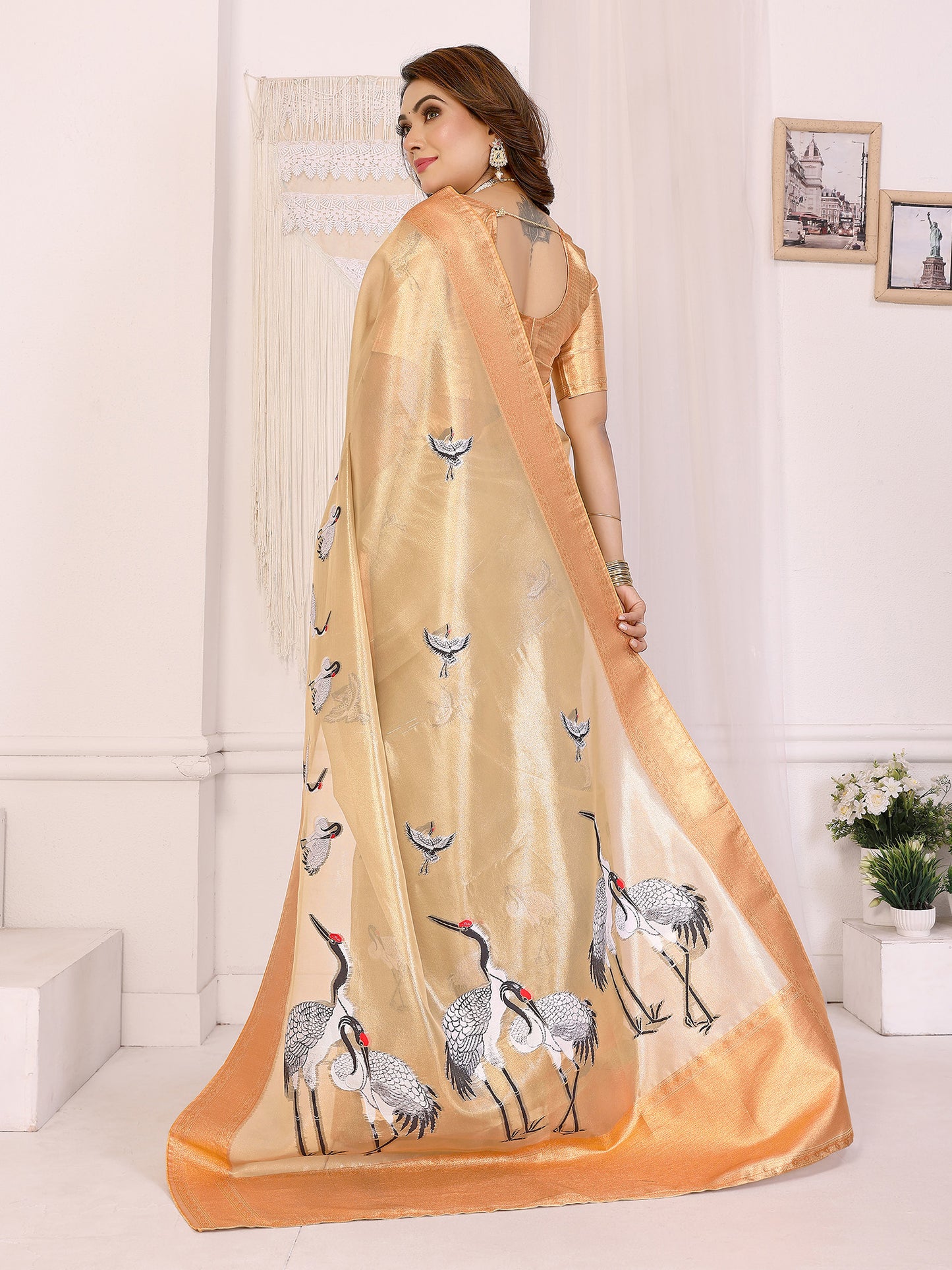 Elora Golden Soft Tissue Silk Cranes Floral Digital Printed Saree - Dista
