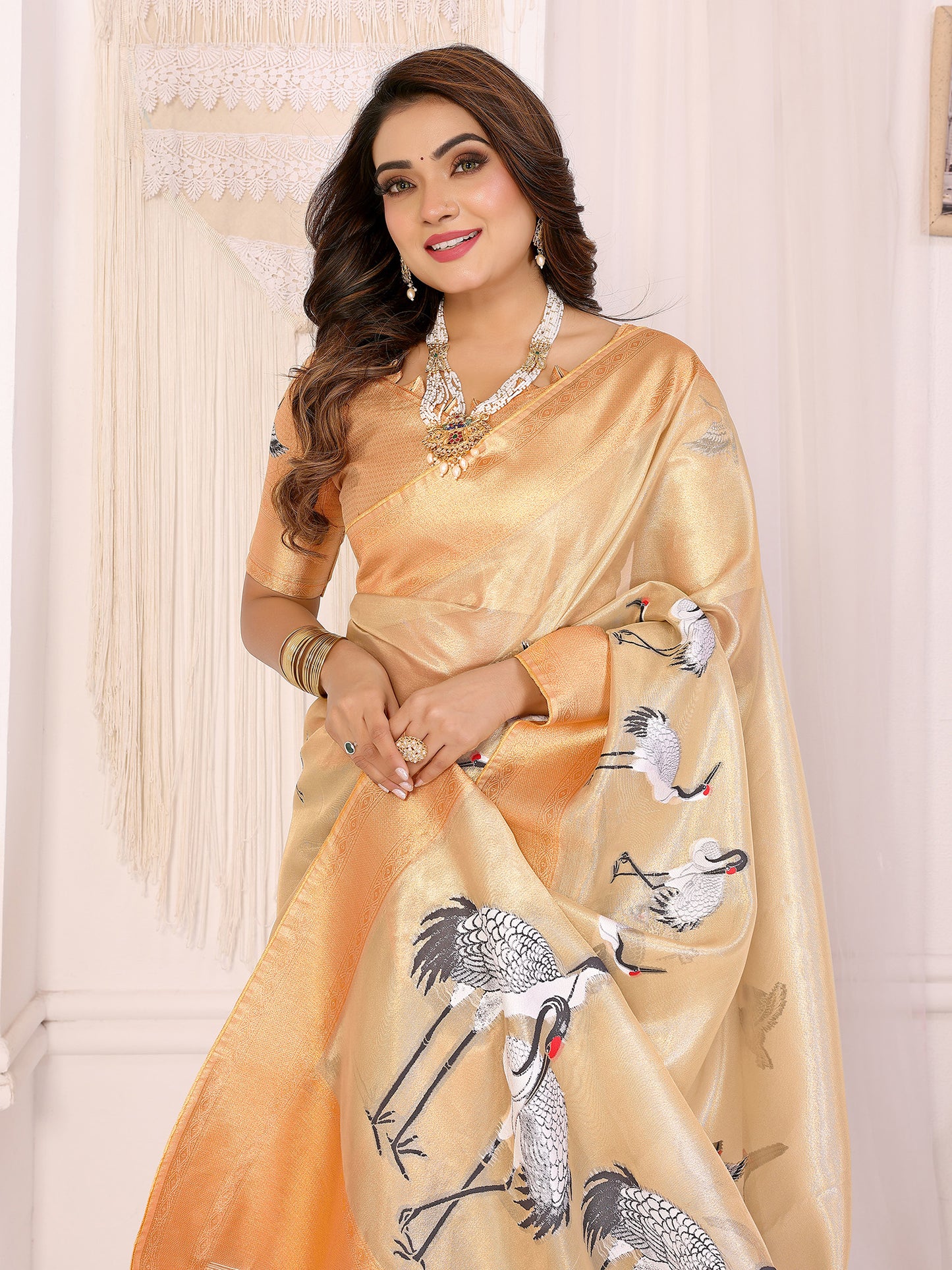 Elora Golden Soft Tissue Silk Cranes Floral Digital Printed Saree - Dista