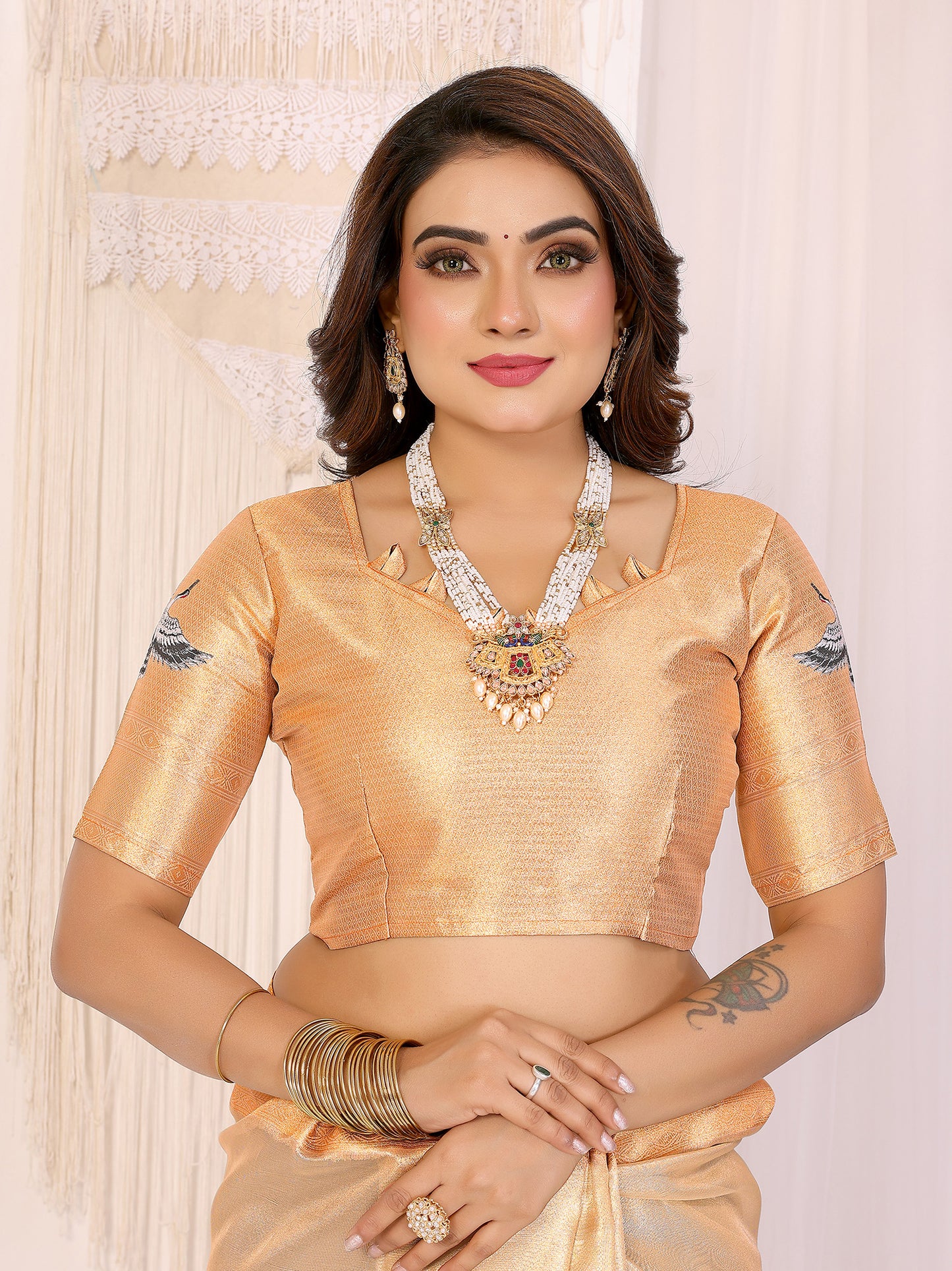 Elora Golden Soft Tissue Silk Cranes Floral Digital Printed Saree - Dista