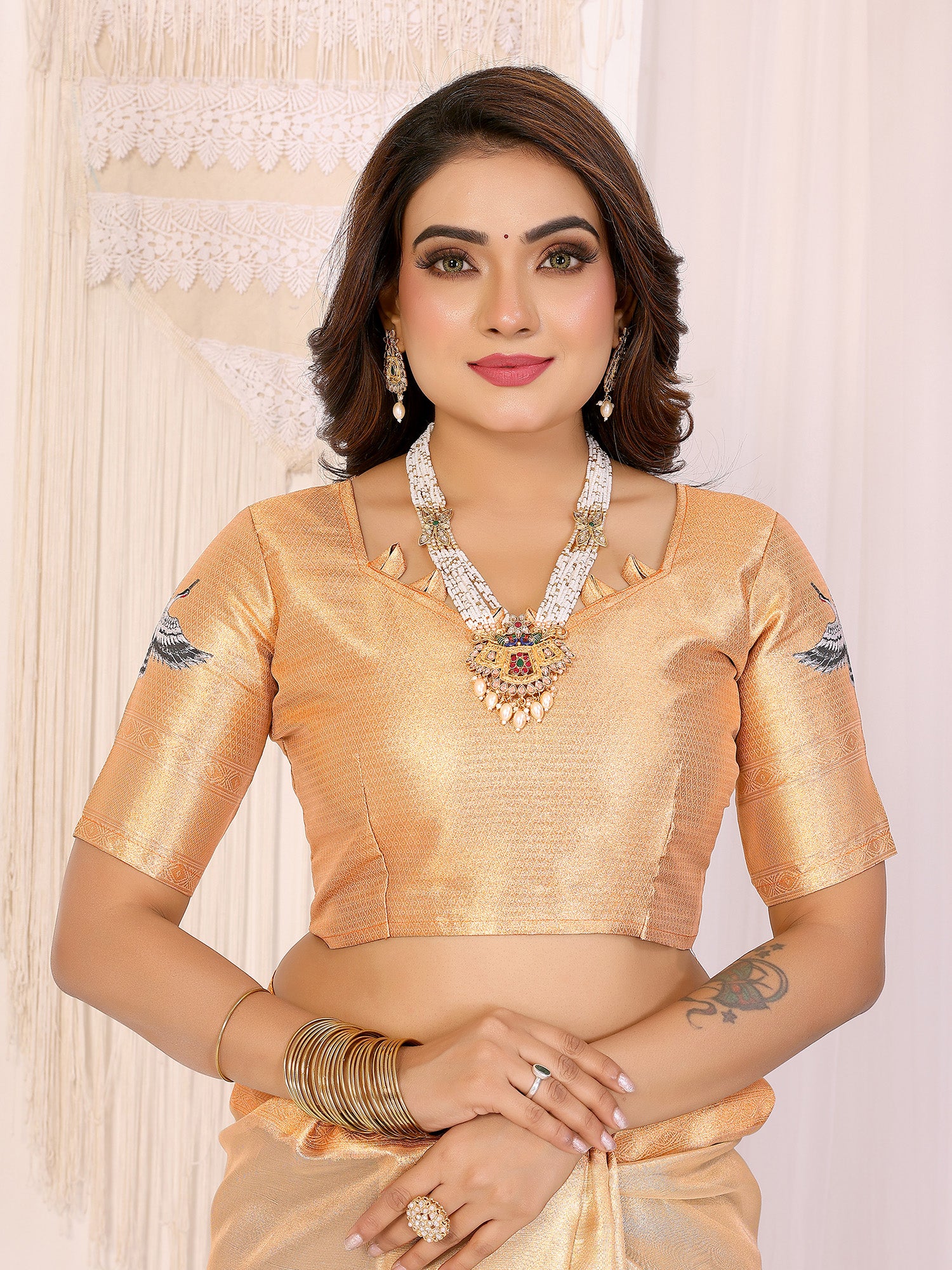Elora Golden Soft Tissue Silk Cranes Floral Digital Printed Saree - Dista