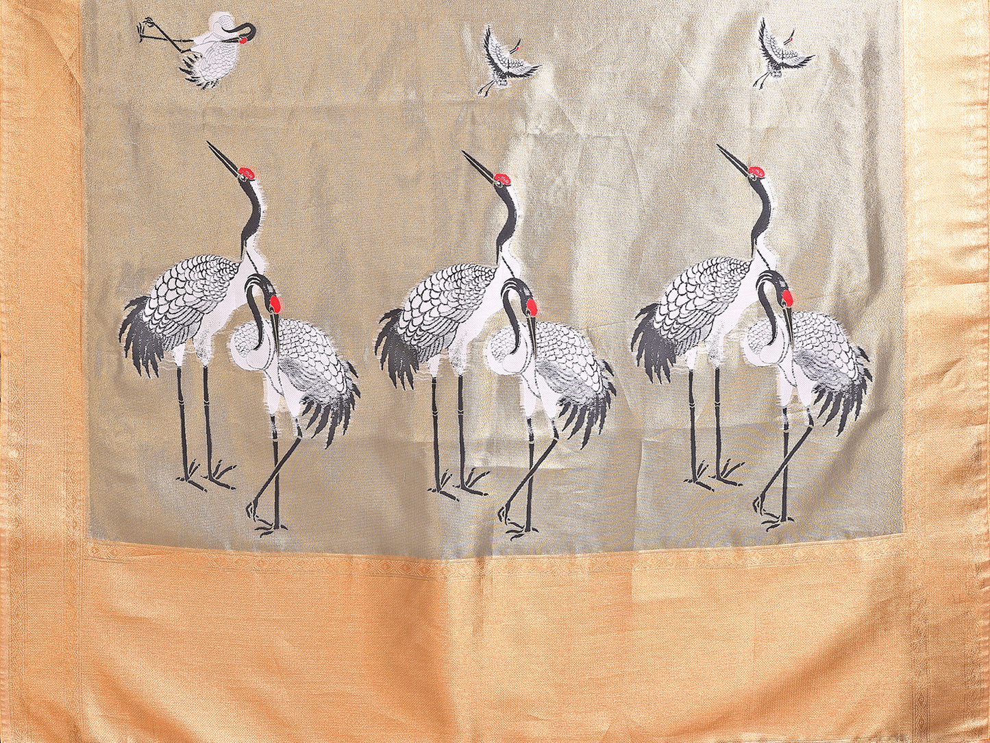 Elora Golden Soft Tissue Silk Cranes Floral Digital Printed Saree - Dista