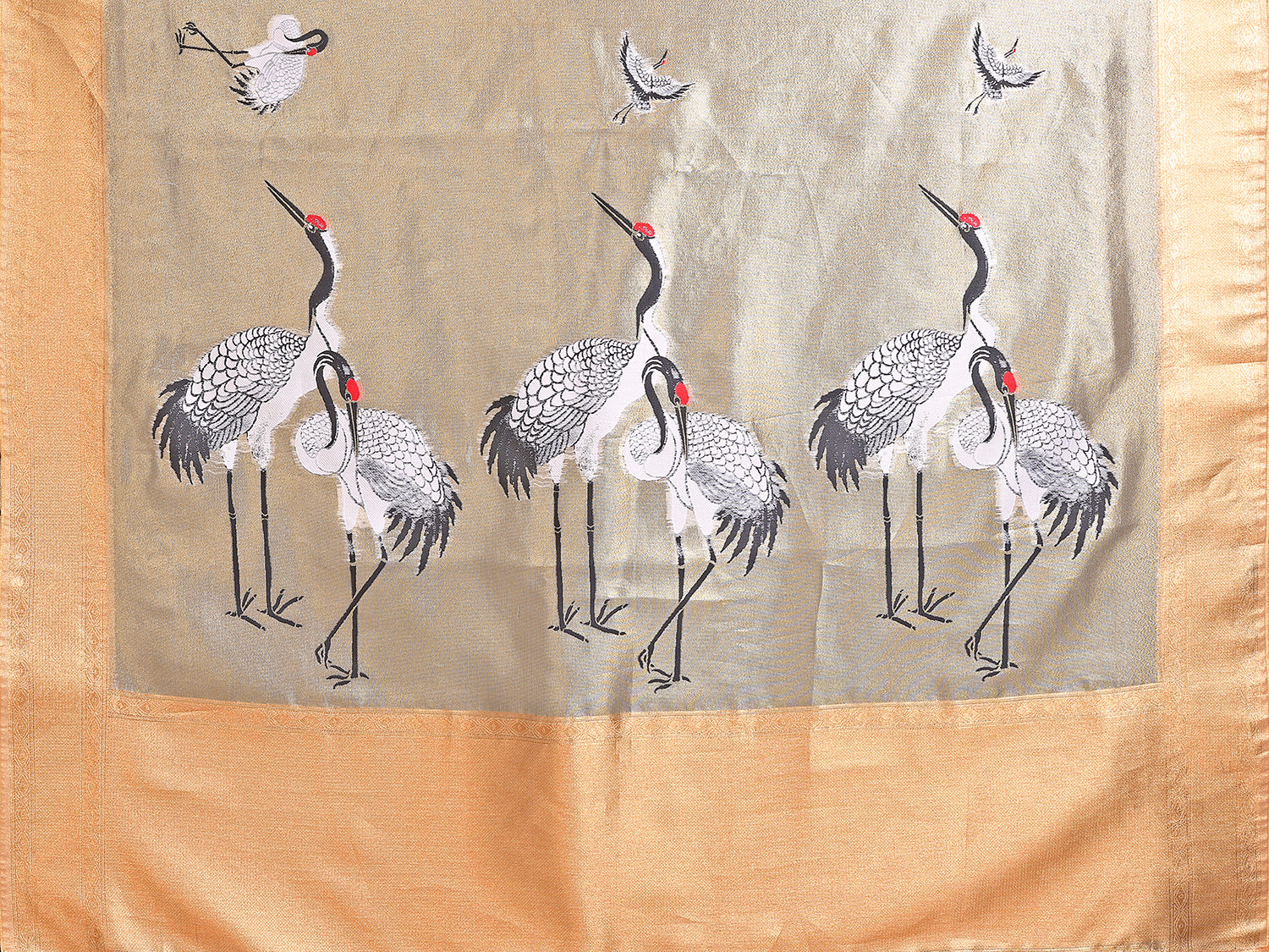 Elora Golden Soft Tissue Silk Cranes Floral Digital Printed Saree - Dista