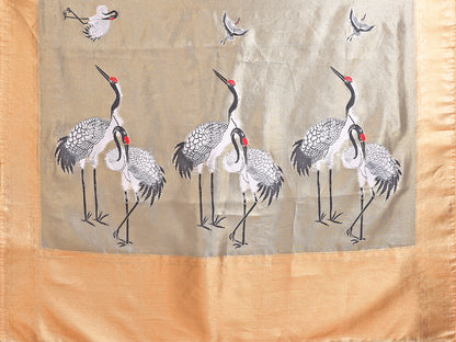 Elora Golden Soft Tissue Silk Cranes Floral Digital Printed Saree - Dista