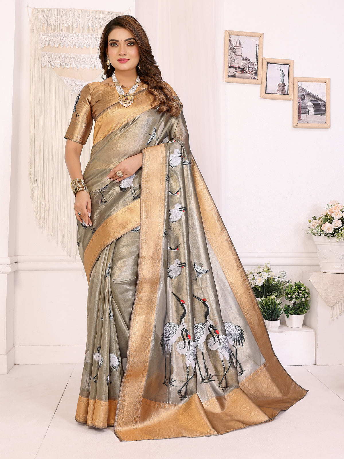Elora Grey Soft Tissue Silk Cranes Floral Digital Printed Saree