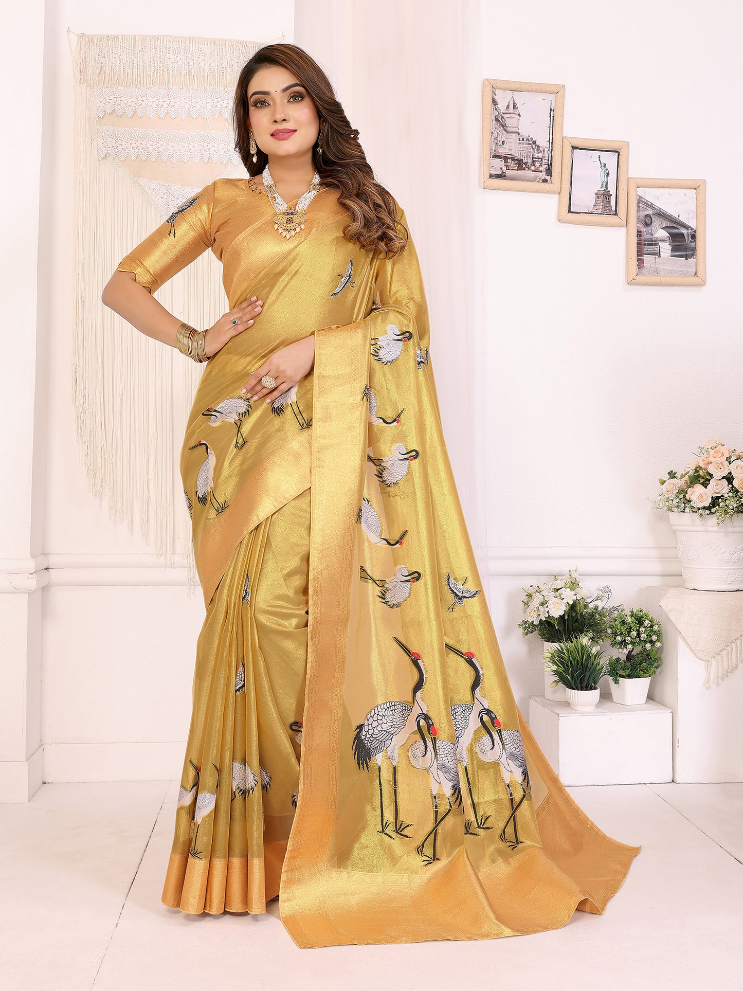 Elora Yellow Soft Tissue Silk Cranes Floral Digital Printed Saree - Dista