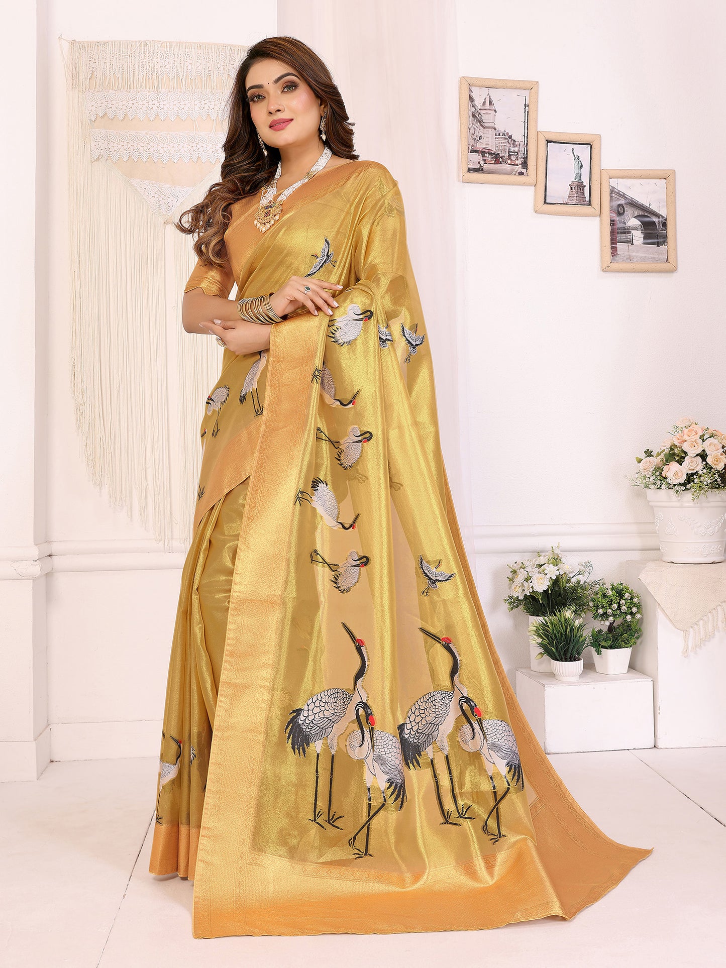 Elora Yellow Soft Tissue Silk Cranes Floral Digital Printed Saree - Dista