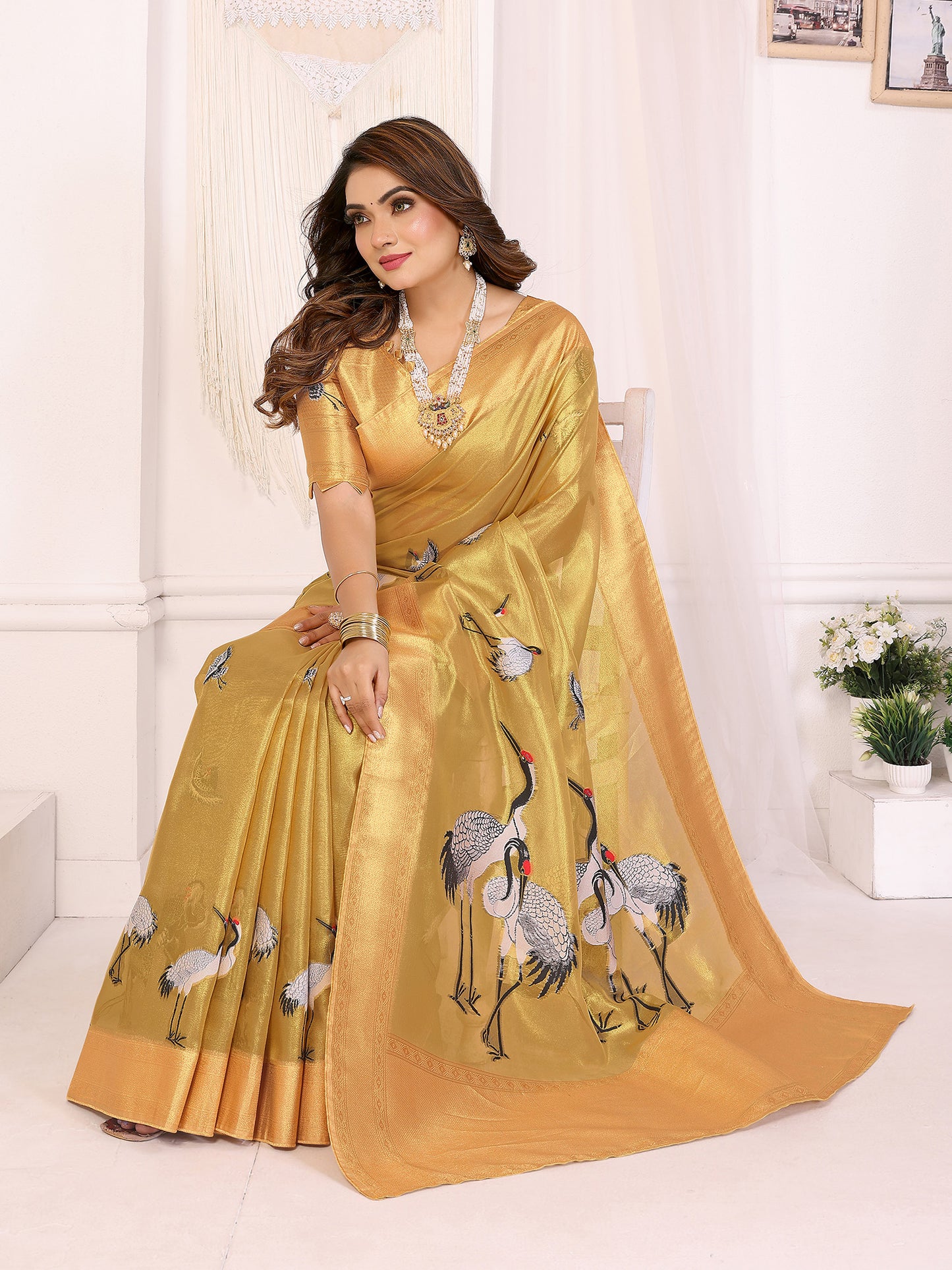 Elora Yellow Soft Tissue Silk Cranes Floral Digital Printed Saree - Dista