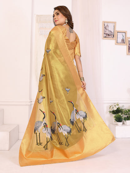 Elora Yellow Soft Tissue Silk Cranes Floral Digital Printed Saree - Dista