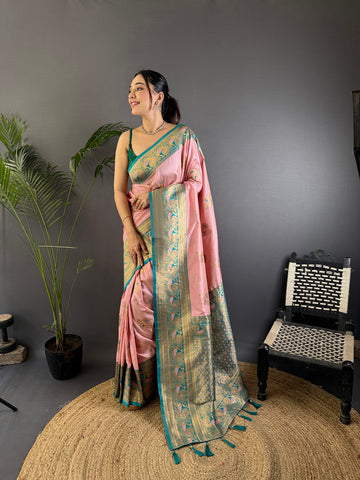 Elora Baby Pink Soft Silk Floral Butta Zari Weaving Banarasi With Peacock Zari Weaving Border - Dista