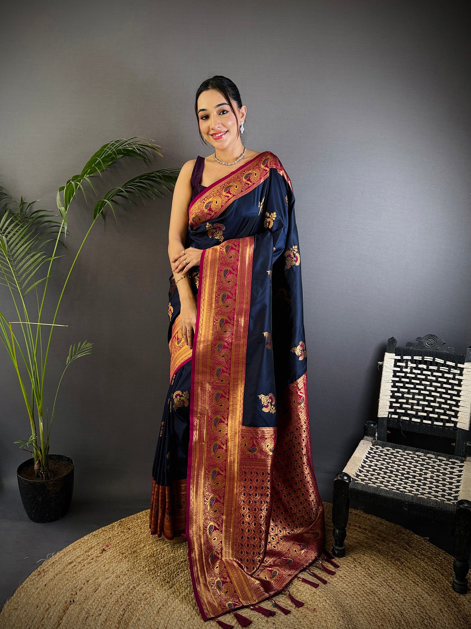 Elora Navy Blue Soft Silk Floral Butta Zari Weaving Banarasi With Peacock Zari Weaving Border