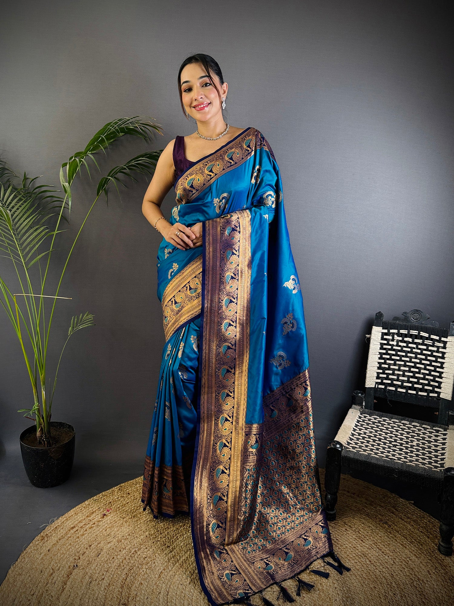 Elora Royal Blue Soft Silk Floral Butta Zari Weaving Banarasi With Peacock Zari Weaving Border