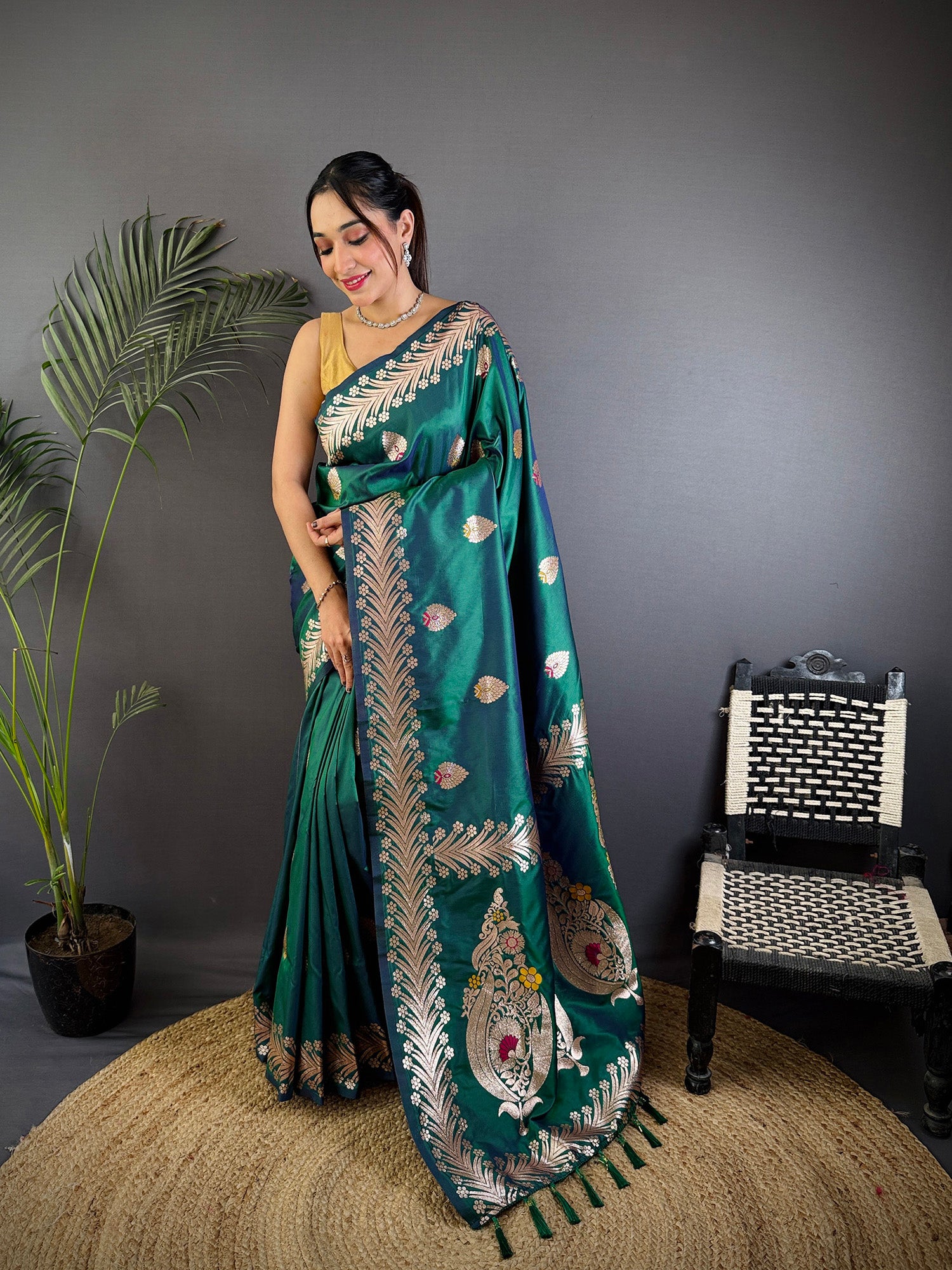 Elora Dusty Teal Soft Silk Meenakari Zari Weaving Banarasi Saree