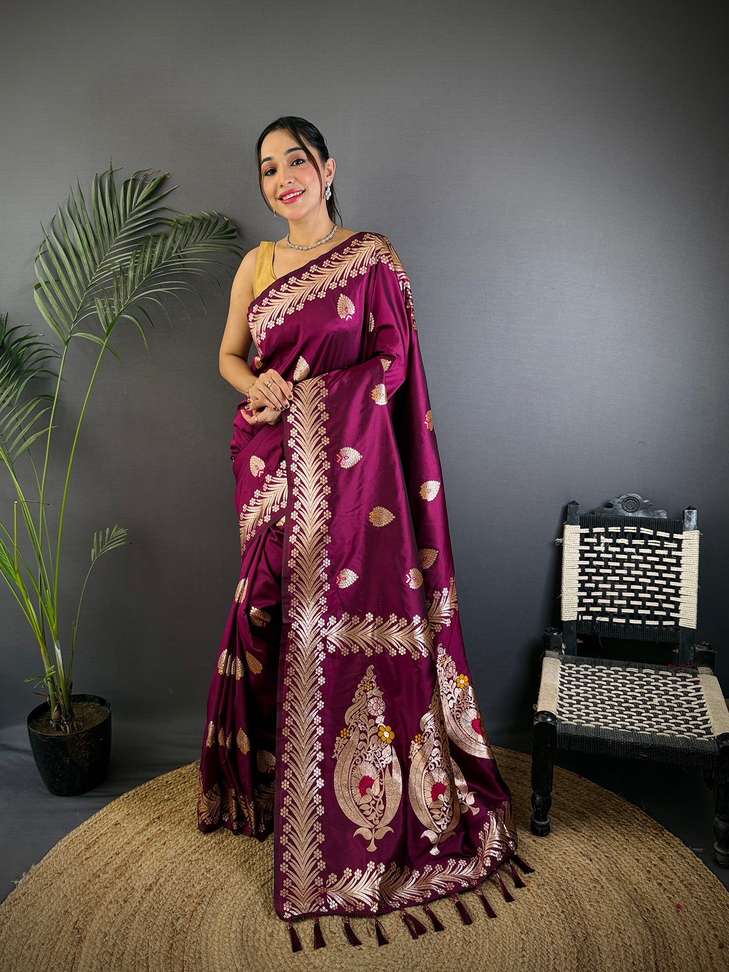 Elora Plum Soft Silk Meenakari Zari Weaving Banarasi Saree - Dista