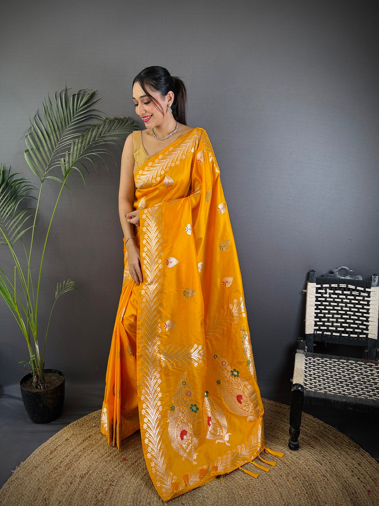 Elora Orange Soft Silk Meenakari Zari Weaving Banarasi Saree - Dista