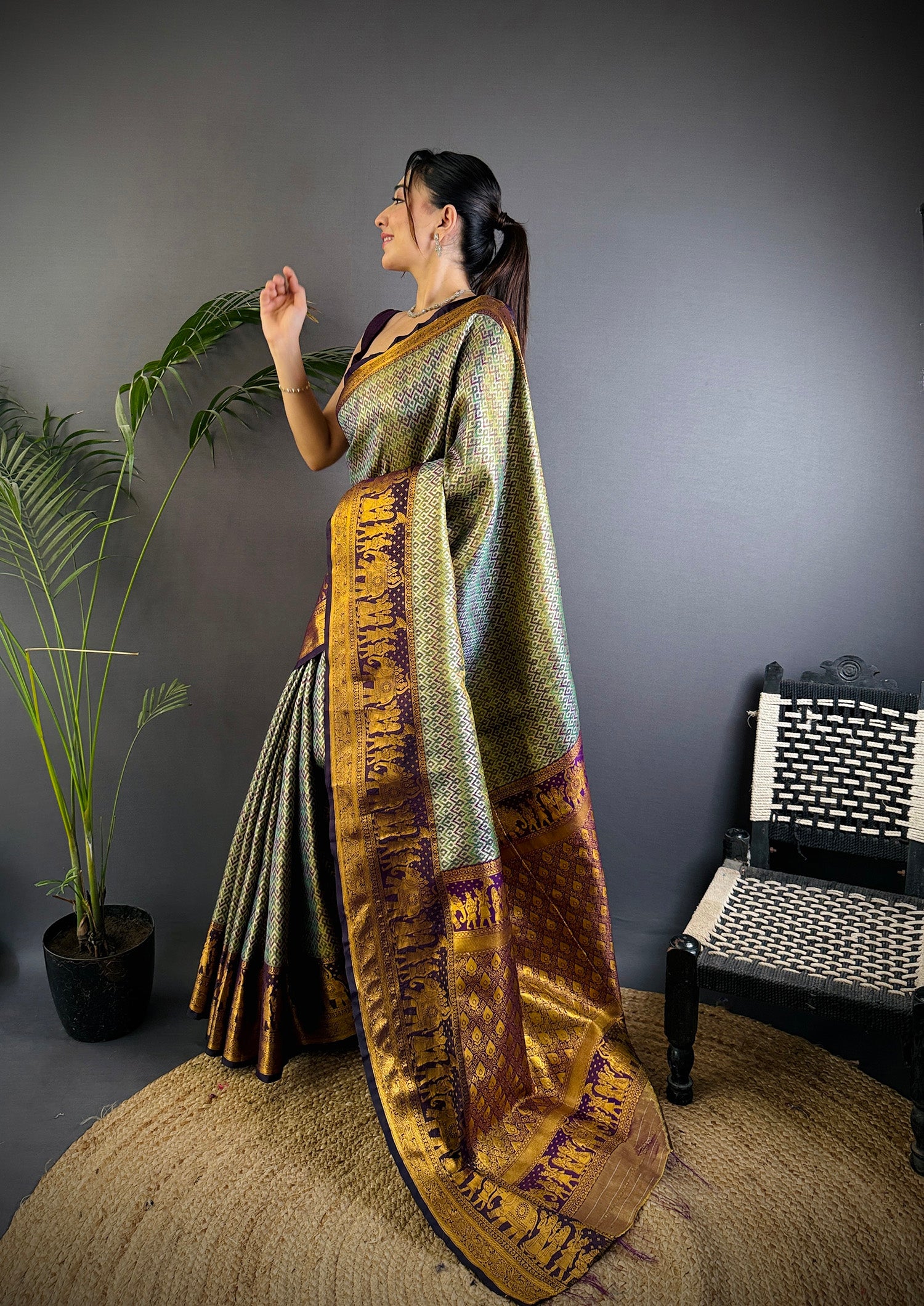 Elora Grey Silk Leheriya Meenakari Zari Weaves Dharmavaram Saree - Dista