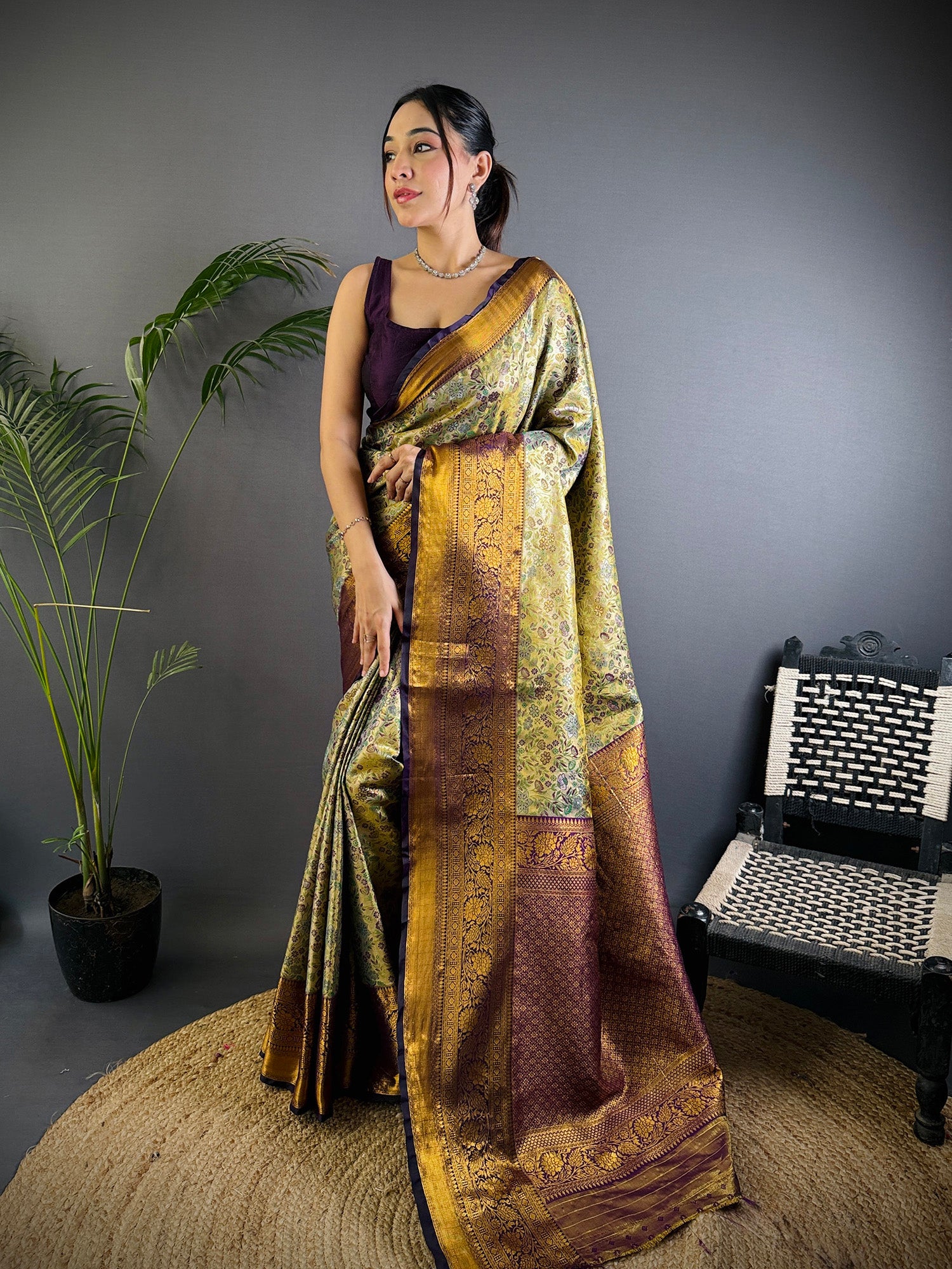 Elora Grey Silk Leheriya Meenakari Zari Weaves Dharmavaram Saree - Dista
