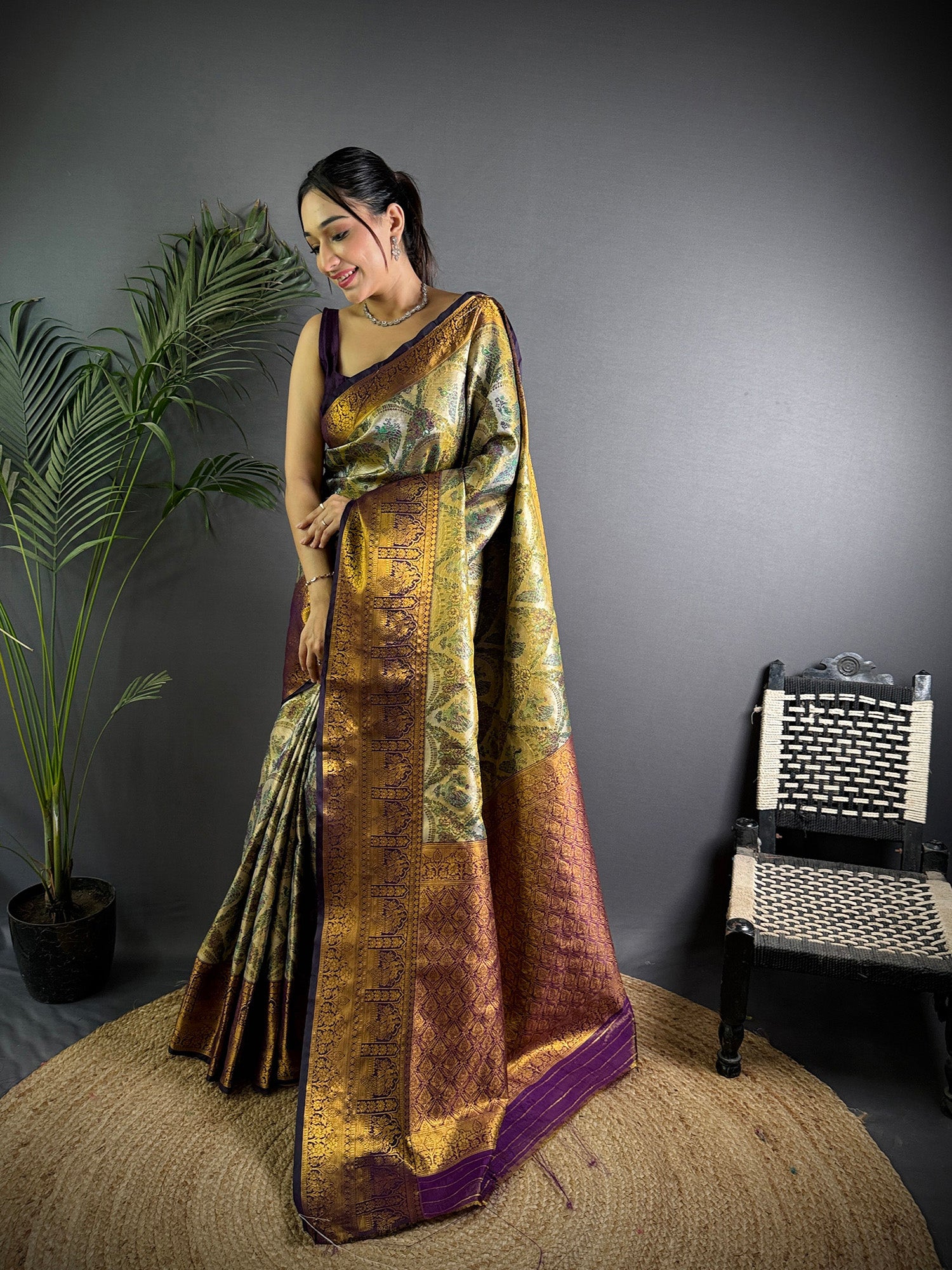 Elora Olive Silk Leheriya Meenakari Zari Weaves Dharmavaram Saree - Dista